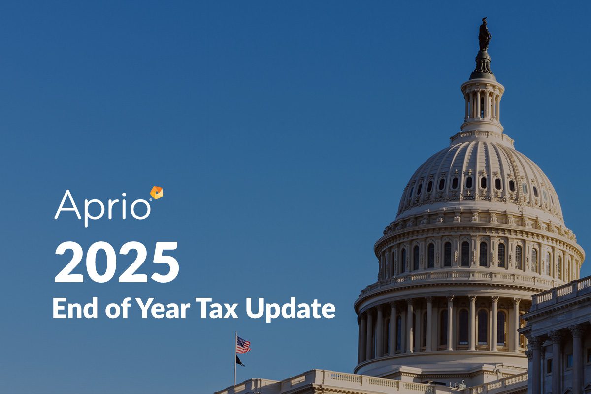 The image shows the U.S. Capitol dome with the text Aprio 2025 End of Year Tax Update on the left side.