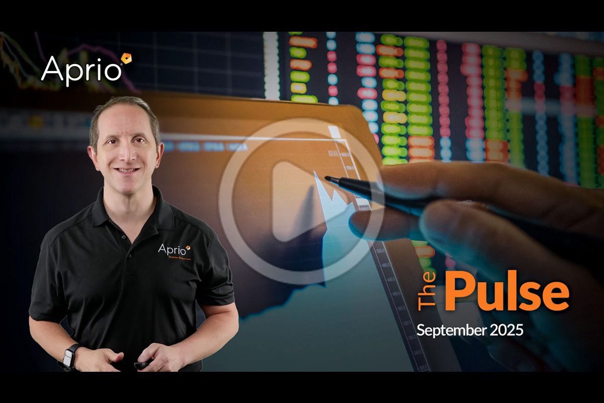 A man in an Aprio shirt stands in front of financial charts and graphs, with text reading The Pulse September 2025 and a play button overlay.